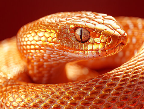 a yellow python coiled in a dark environment, with its glossy scales reflecting light and a striking red eye visible.