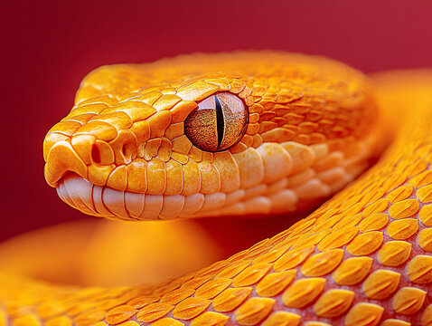 a yellow python coiled in a dark environment, with its glossy scales reflecting light and a striking red eye visible.