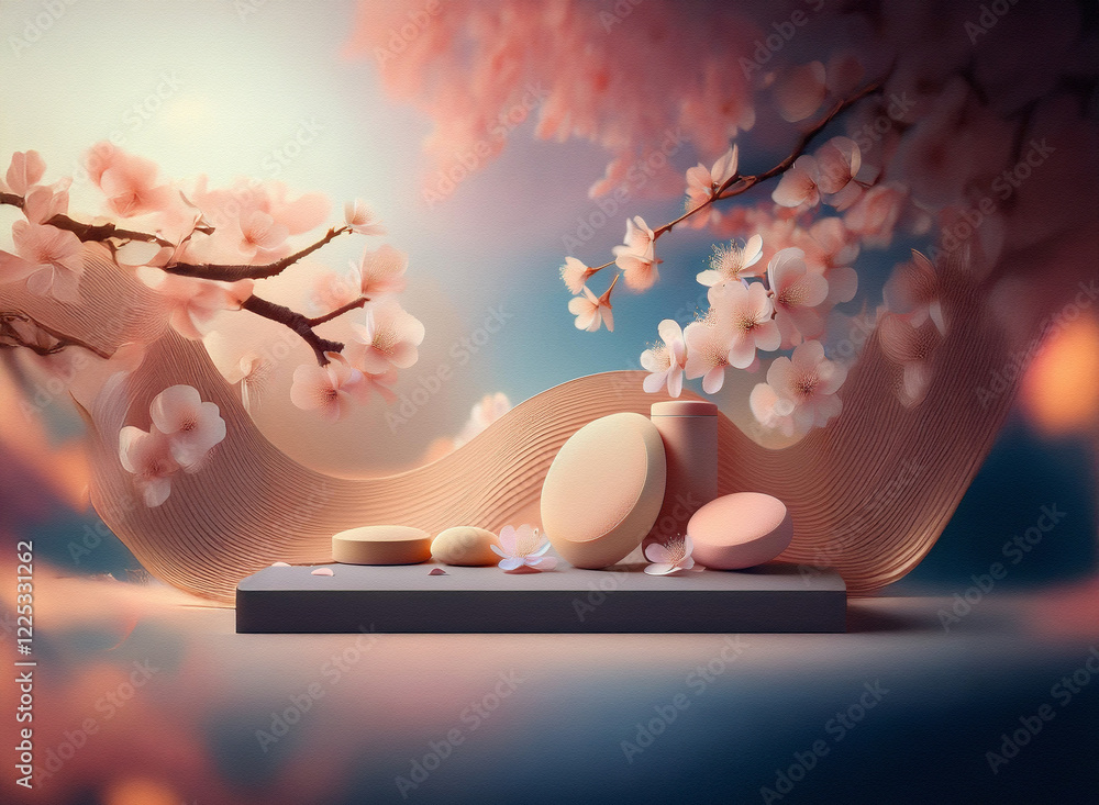 Poster serene spring scene. peach blossoms cascade around elegant, round podiums on a dark gray platform. s