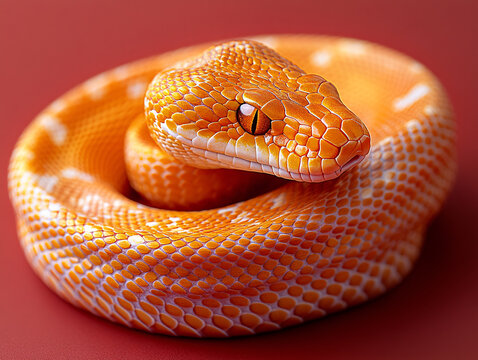 a yellow python coiled in a dark environment, with its glossy scales reflecting light and a striking red eye visible.