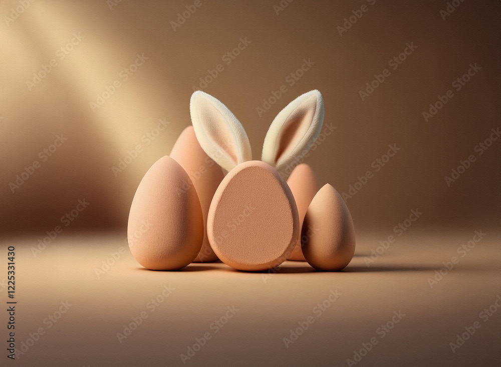 Poster pastel brown eggs and bunny ears create a minimalist easter scene. soft lighting enhances the smooth
