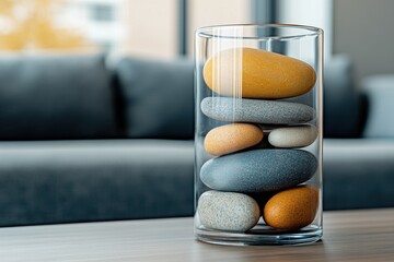 Decorative glass jar filled with smooth colorful stones on a wooden table in a modern living room with a soft sofa in the background