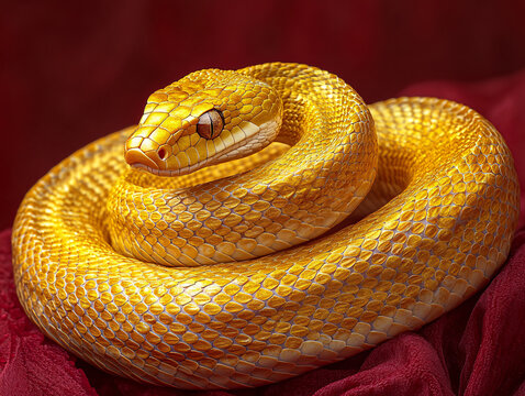a yellow python coiled in a dark environment, with its glossy scales reflecting light and a striking red eye visible.