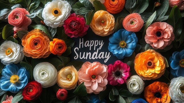 Elegant "Happy Sunday" Floral Display with Realistic Blooming Flowers