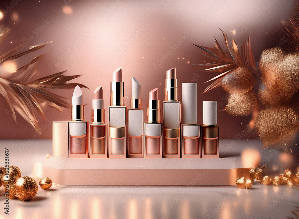 Poster elegant display of lipsticks and lip balms in rose gold packaging, arranged on a minimalist platform