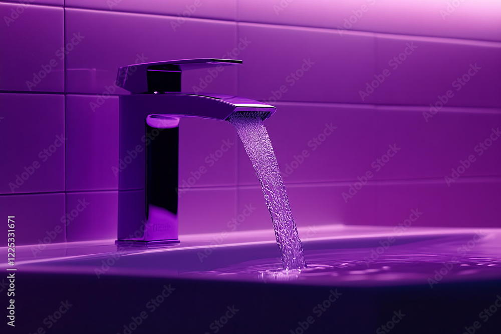 Poster close-up of modern faucet with water stream illuminated by purple light, creating a stylish and futu