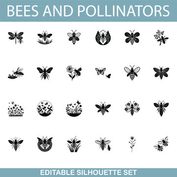 Editable Bee and Pollinator Silhouettes Icons, Nature, Insects