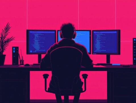 Vibrant workspace with a programmer using multiple monitors.