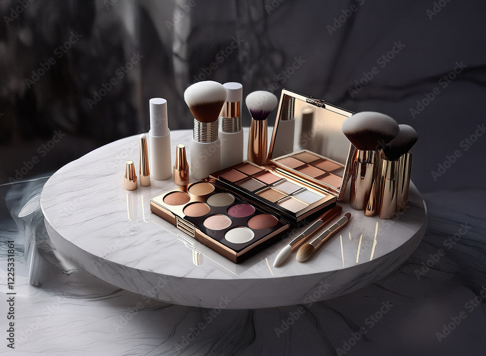 Poster luxurious makeup brushes and palettes arranged on a marble surface. the elegant gold and white set i