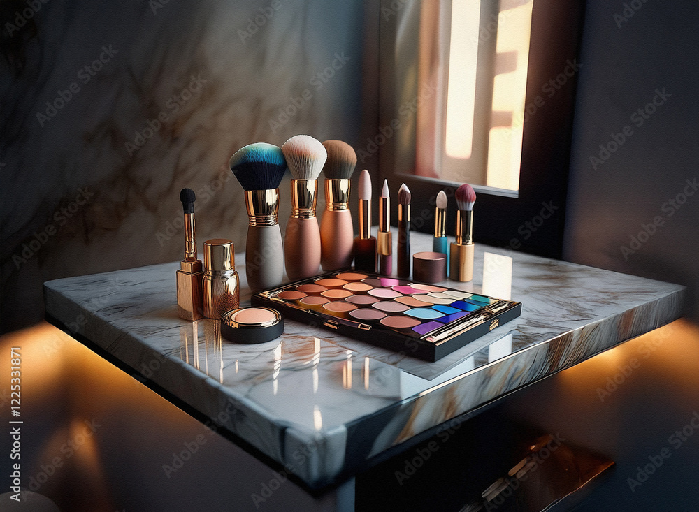 Poster sunlit vanity table displays an array of makeup brushes and palettes, reflecting elegance and sophis