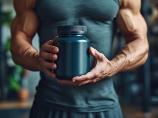 Fitness enthusiast showcasing protein supplement in a gym during morning workout session