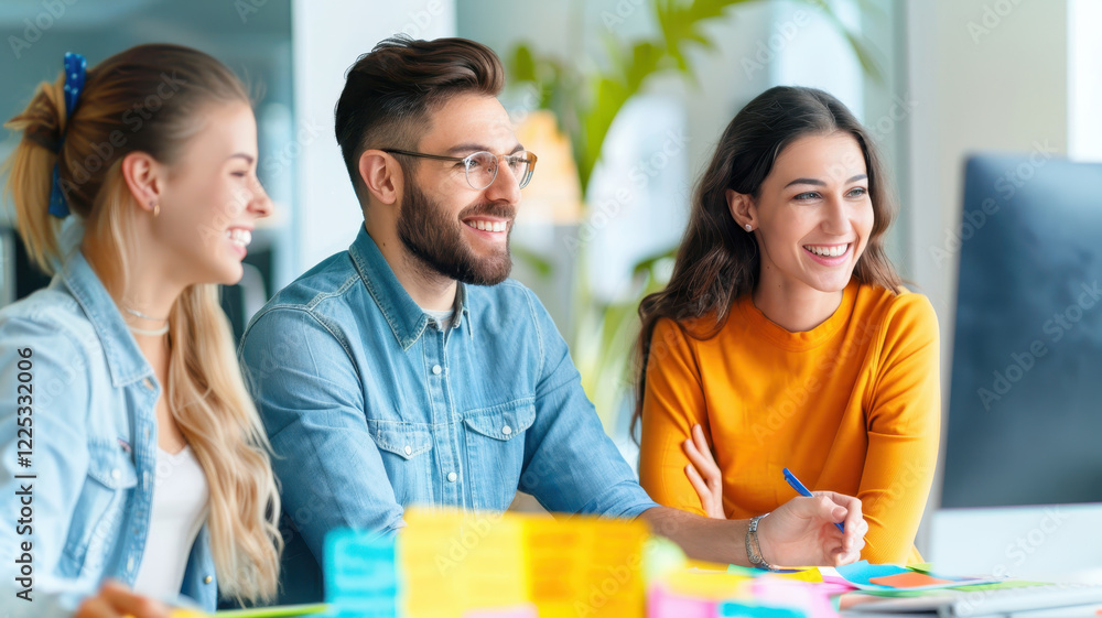 Poster group of creative employees brainstorming with computers in colorful office setting, smiling and col