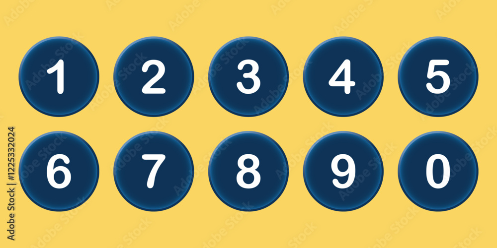 Poster number button set. set of round number button isolated on yellow background. modern number digit set