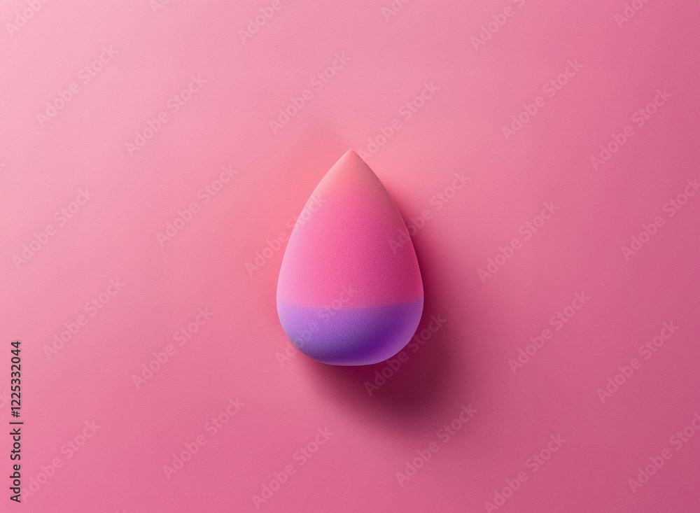 Poster a teardrop-shaped, two-toned makeup sponge sits on a pink background. the sponge is pink and purple,