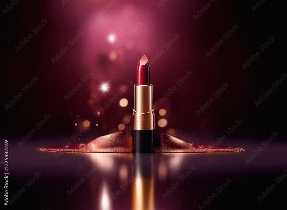 Aufkleber A single tube of dark red lipstick sits on a reflective surface with a smear of lipstick in front of it.  A bokeh of warm light is in the background.
