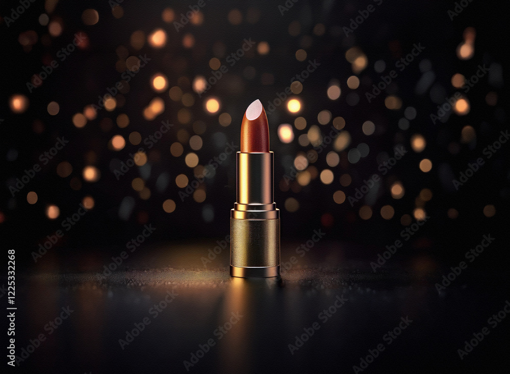 Poster a single tube of dark red lipstick stands on a dark surface, illuminated by a bokeh of warm-toned li