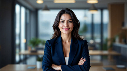 portrait of a businesswoman in a navy suit office background