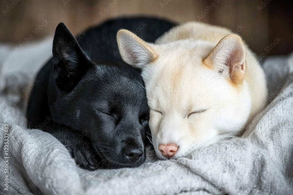 Aufkleber two pets snuggled together, one with light fur and the other with dark, creating a visual balance of