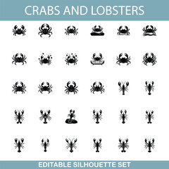 Editable Crab and Lobster Silhouettes Seafood Icons Set