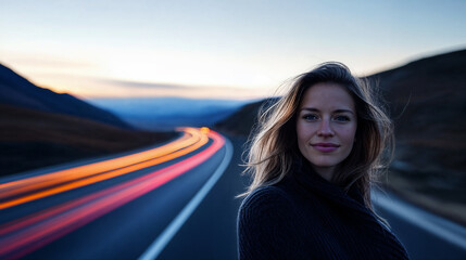 Woman at dusk with traffic motion blue background of tail lights