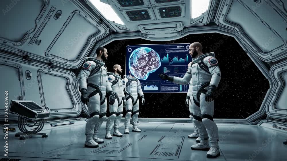 Fototapete astronauts analyze data and discuss mission information in a futuristic spacecraft control room with