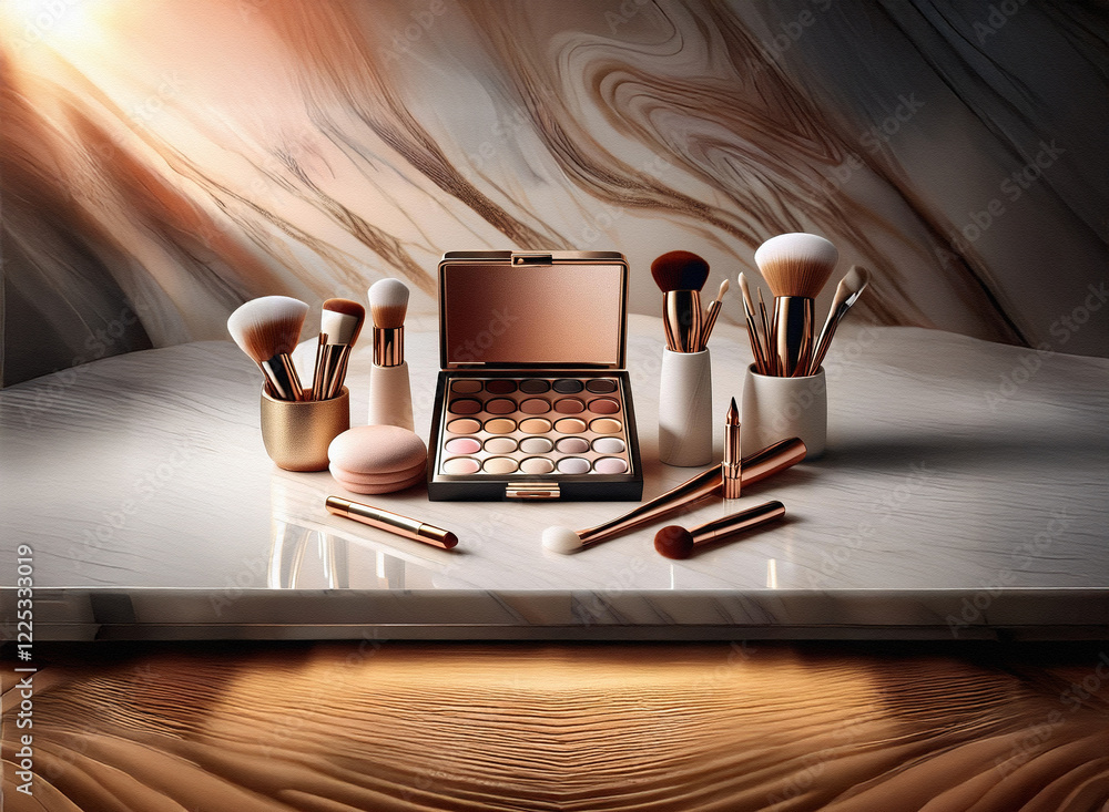 Poster a luxurious collection of makeup brushes and a palette displayed on a marble surface, bathed in warm