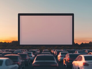 Outdoor movie night at a drive-in cinema with empty screen.