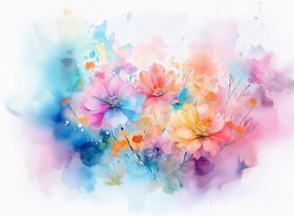 Obraz premium A vibrant watercolor painting showcasing a bouquet of flowers in soft pastel hues. The blossoms are rendered with delicate brushstrokes, set against a dreamy, abstract background of color splashes.