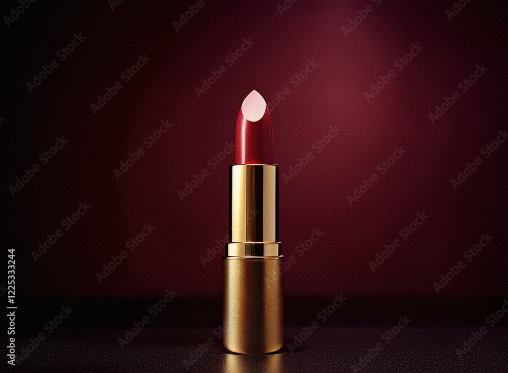 Poster a single tube of rich red lipstick with a golden casing stands elegantly against a deep maroon backg