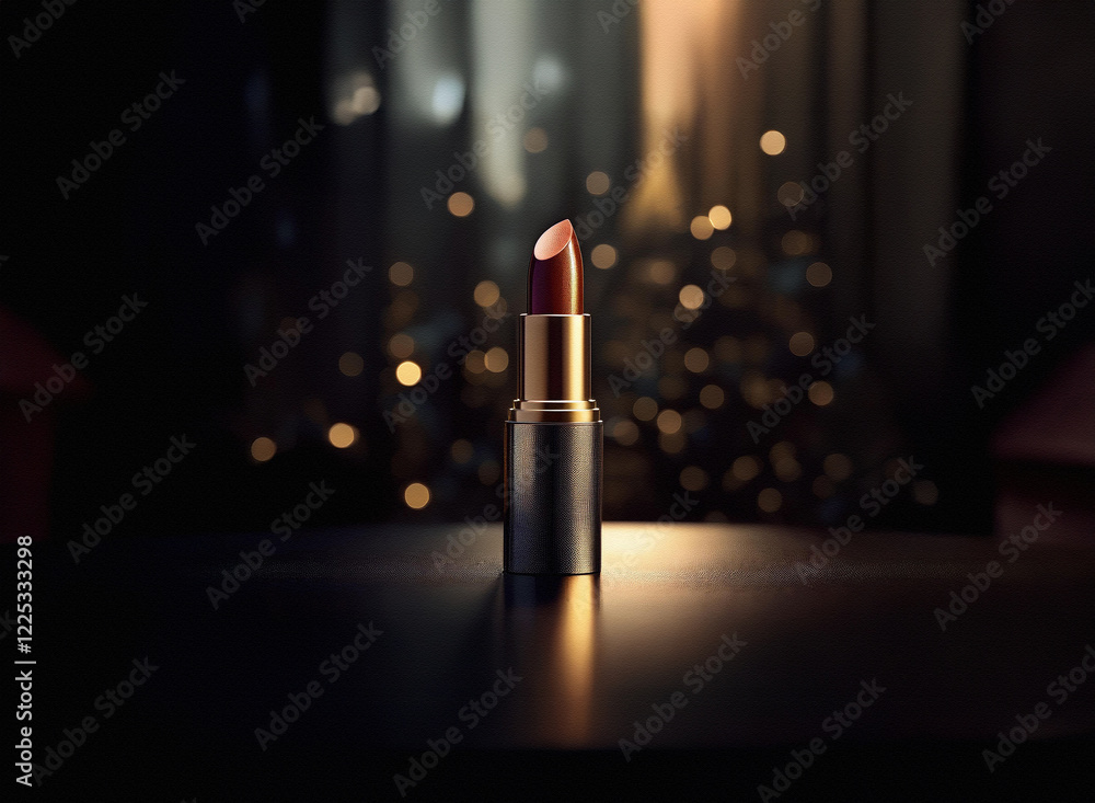 Poster a single lipstick stands on a dark surface, illuminated by warm, bokeh lights in the background, sug