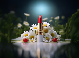 A vibrant red lipstick stands amidst a bed of white daisies and ripe strawberries, reflecting subtly on a polished surface.  The scene is softly lit, creating a serene and elegant mood.