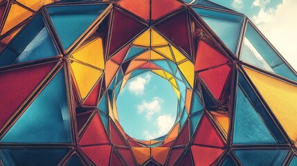 Fototapeta premium Geometric Artwork Featuring Vibrant Colorful Triangles and Sky Opening