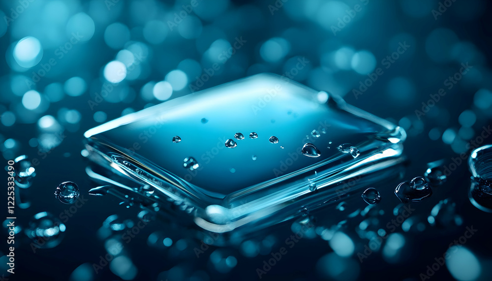 Poster a captivating close-up of raindrops on a flat surface, creating a calming and refreshing atmosphere.