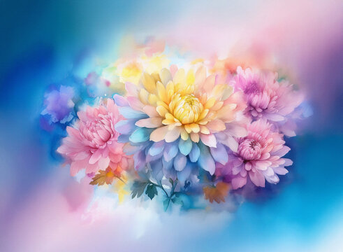 A vibrant cluster of pastel chrysanthemums, their petals soft and luminous, are set against a dreamy, blurred background of blue and pink hues.  The image evokes a feeling of serenity and delicate bea