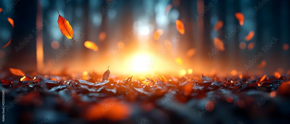 Poster a captivating forest scene at sunset with glowing light and floating autumn leaves creating a serene
