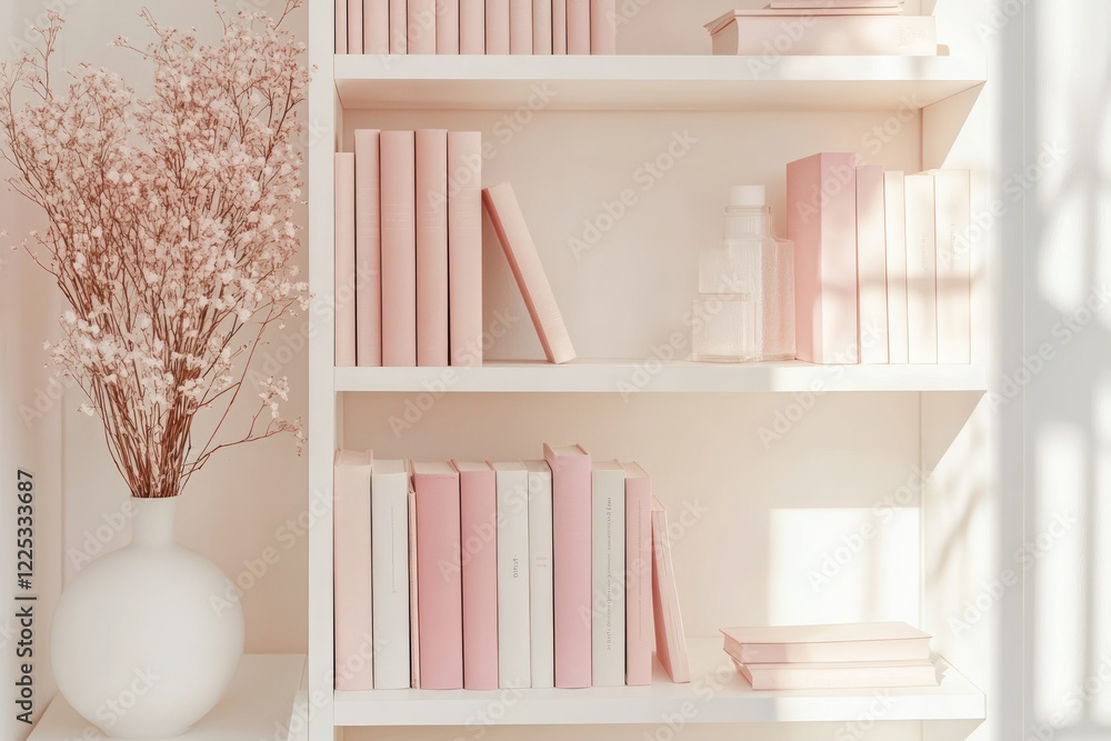 Poster Minimalist Bookshelf with Neatly Arranged Soft Pink Books