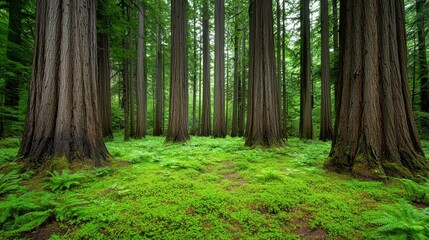 Obraz premium Majestic Redwood Forest with Lush Greenery and Tall Trees