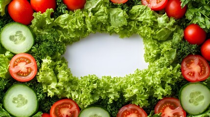 Fresh Salad Ingredients with Tomato and Cucumber in Green Leaves