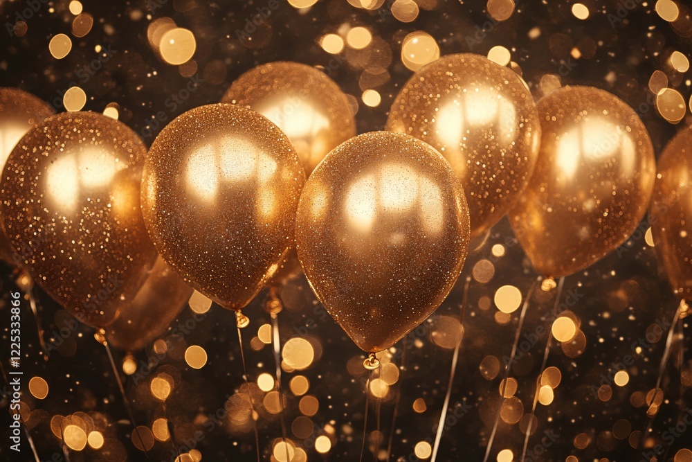 Poster golden balloons floating against a dark background with sparkling bokeh lights creating a festive mo