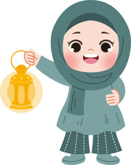 cute muslim kid holding lantern celebrating eid mubarak