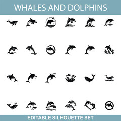 Editable Whale and Dolphin Silhouette Icons Set for Design