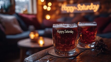 Cozy Indoor Drinks with Happy Saturday Sign and Warm Lights