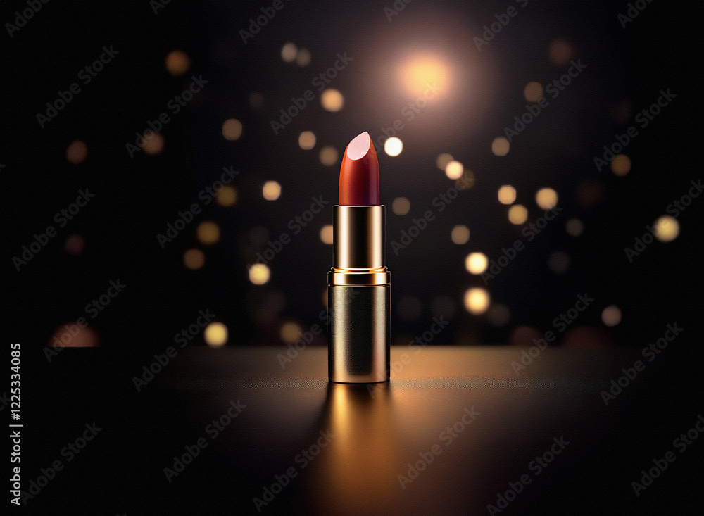 Aufkleber a single tube of dark red lipstick with a gold casing sits on a reflective surface. the background i