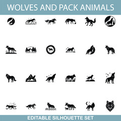 Editable Wolf Silhouettes Pack Animals, Wildlife, Nature Icons