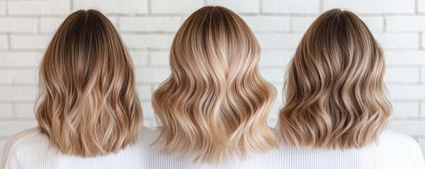 Fototapeta premium Three stylish hairstyles showcasing beautiful wavy blond hair.