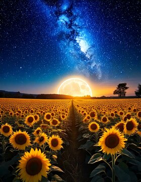 sunflower field under a starry sky with a radiant moon.- 