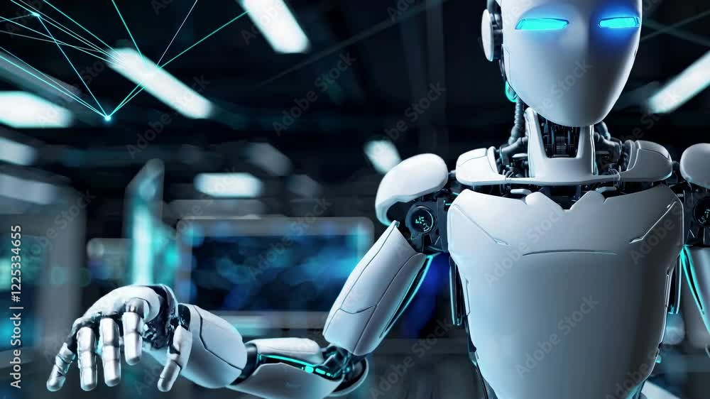 Poster Exploring a futuristic laboratory with an advanced robot and interactive holographic displays