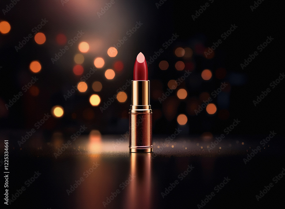 Poster a single tube of rich red lipstick stands on a dark, reflective surface, illuminated by warm bokeh l
