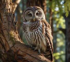 Dark-feathered barred owl resting on a tree trunk during the warmest part of the day, dark feathers, daylight, bird perched