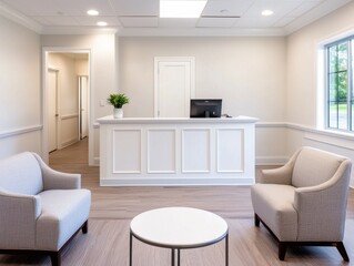 Modern reception area with comfortable seating and clean design.